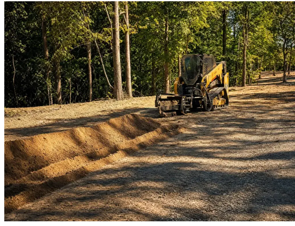 Wicks Land and Yard Management operator running a compact track loader on a job site near Godfrey, IL